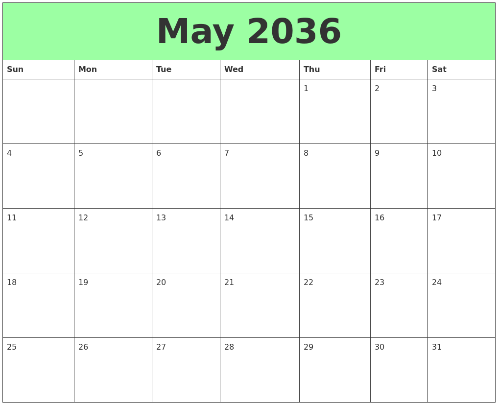 May 2036 Printable Calendars