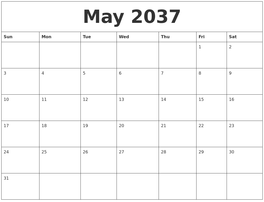 May 2037 Blank Monthly Calendar Pdf