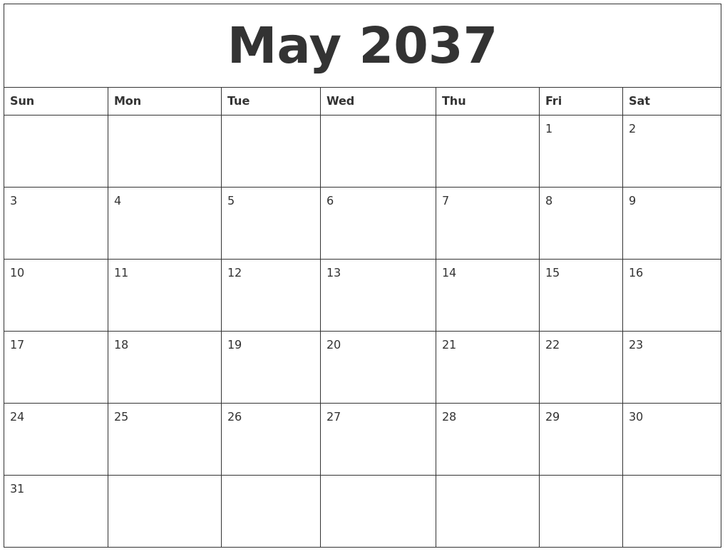 May 2037 Blank Monthly Calendar Template