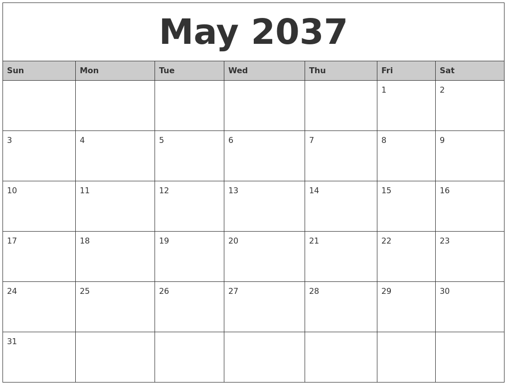May 2037 Monthly Calendar Printable