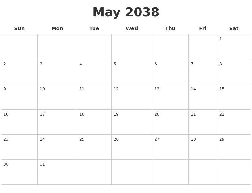 May 2038 Blank Calendar Pages