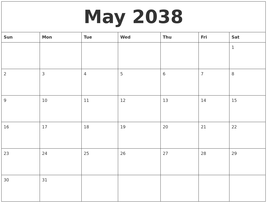 May 2038 Blank Monthly Calendar Template