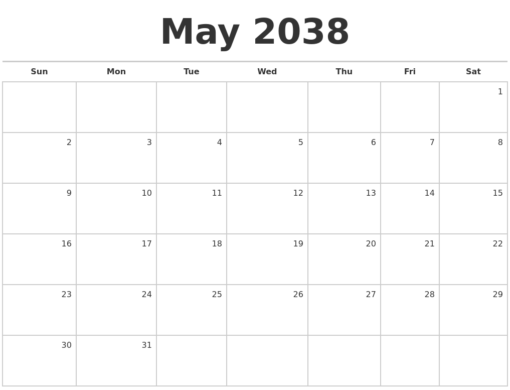 May 2038 Blank Monthly Calendar