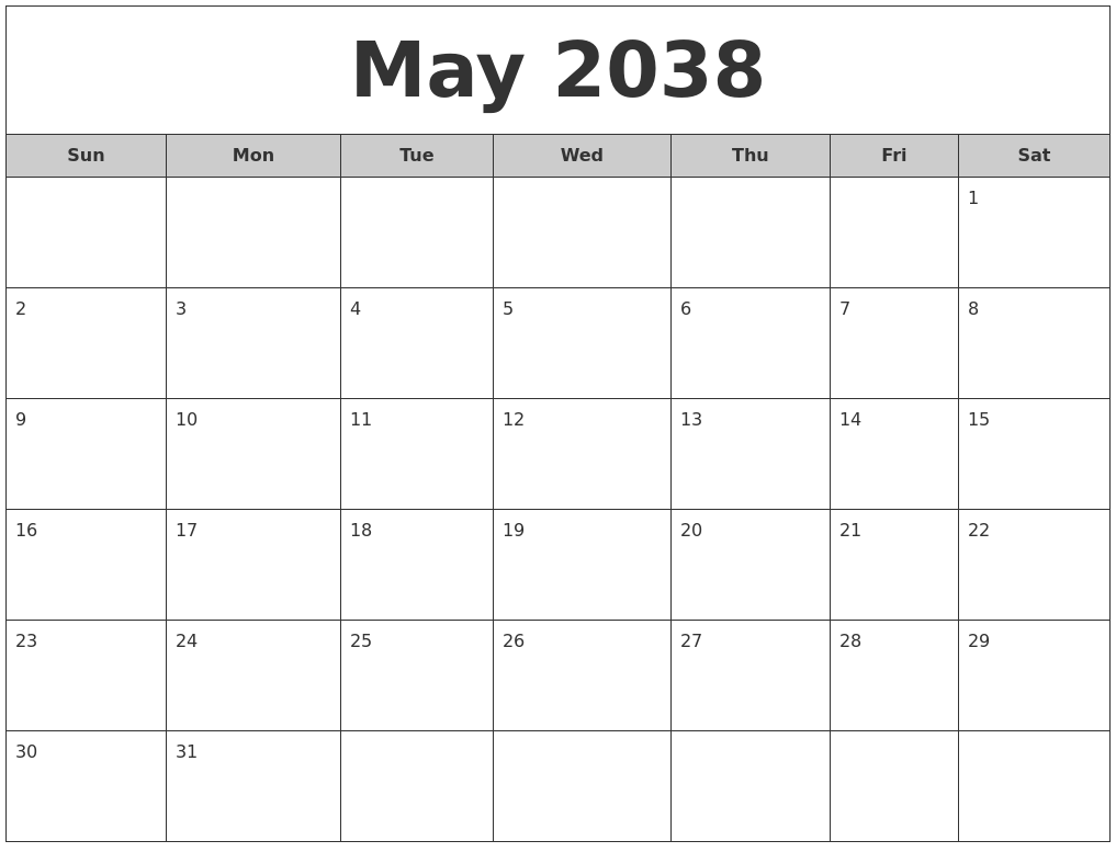 May 2038 Free Monthly Calendar