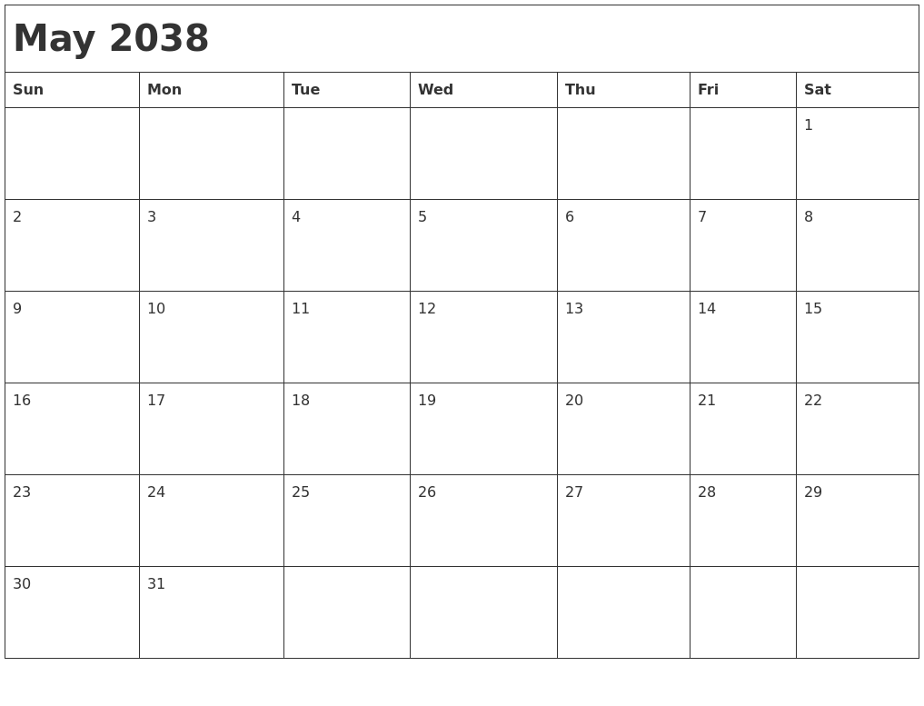 May 2038 Month Calendar