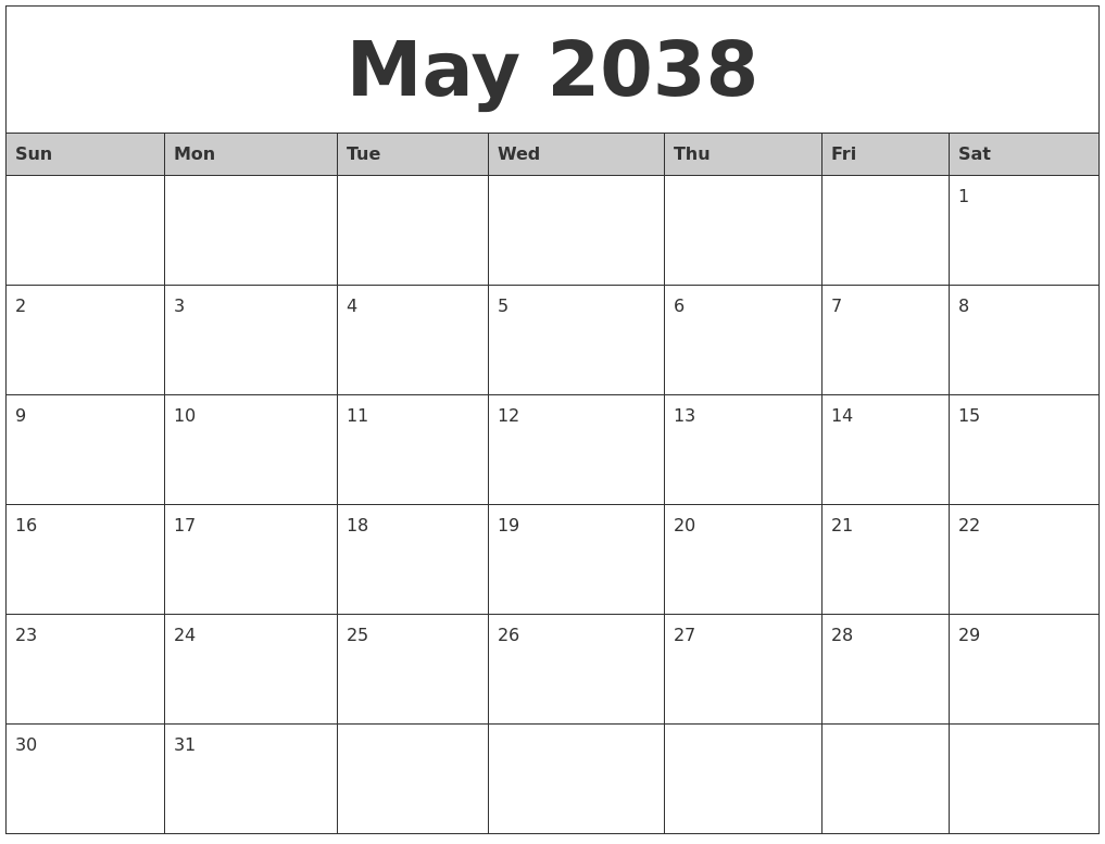 May 2038 Monthly Calendar Printable