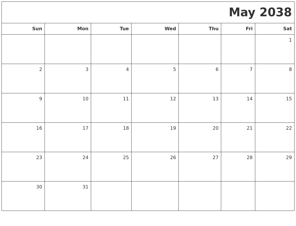 May 2038 Printable Blank Calendar