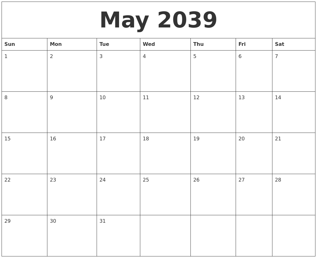 May 2039 Birthday Calendar Template