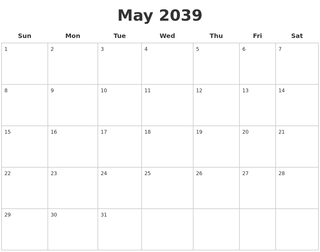 May 2039 Blank Calendar Pages