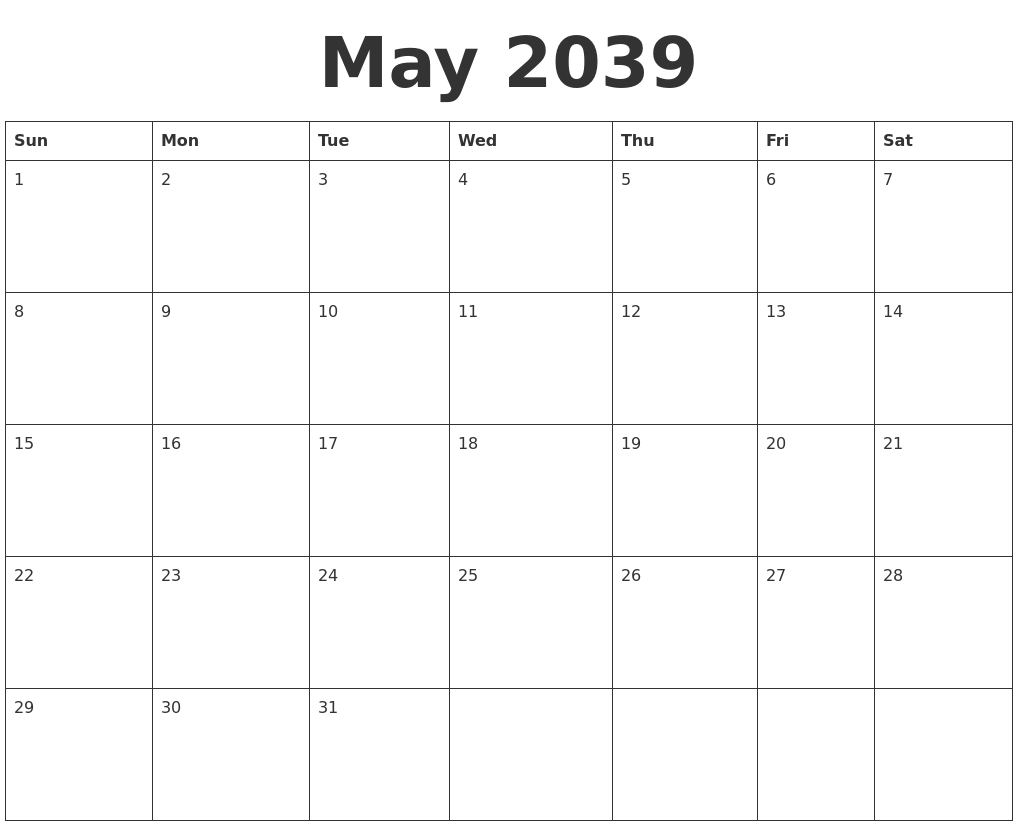 May 2039 Blank Calendar Template