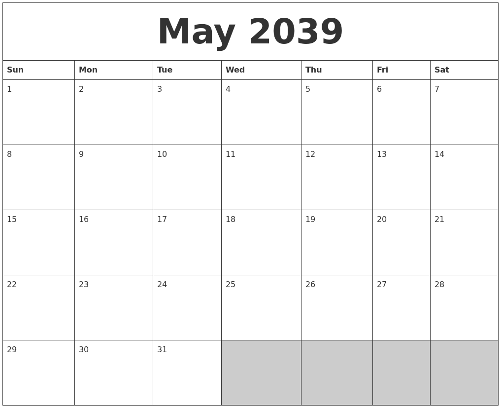 May 2039 Blank Printable Calendar