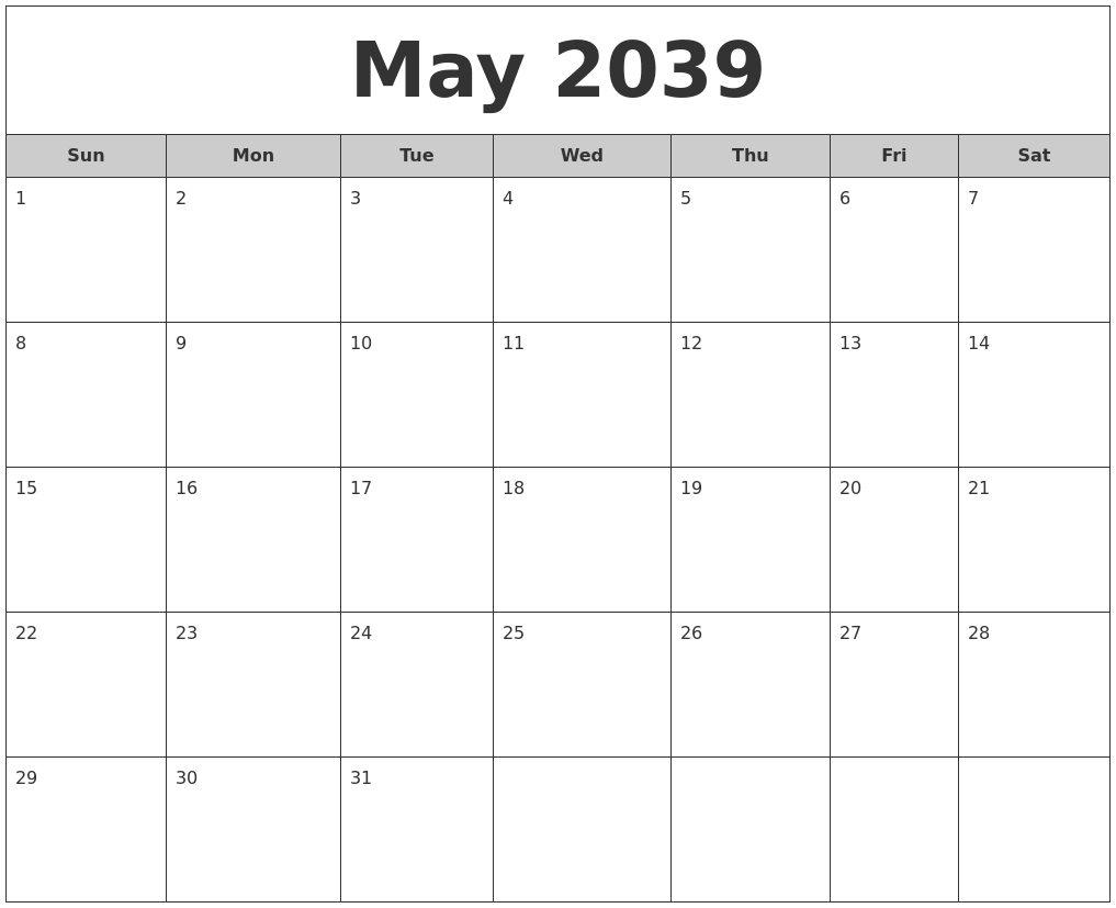 May 2039 Free Monthly Calendar