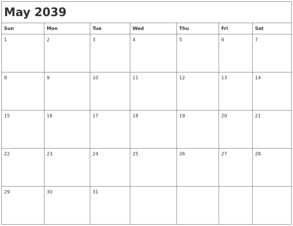 May 2039 Month Calendar