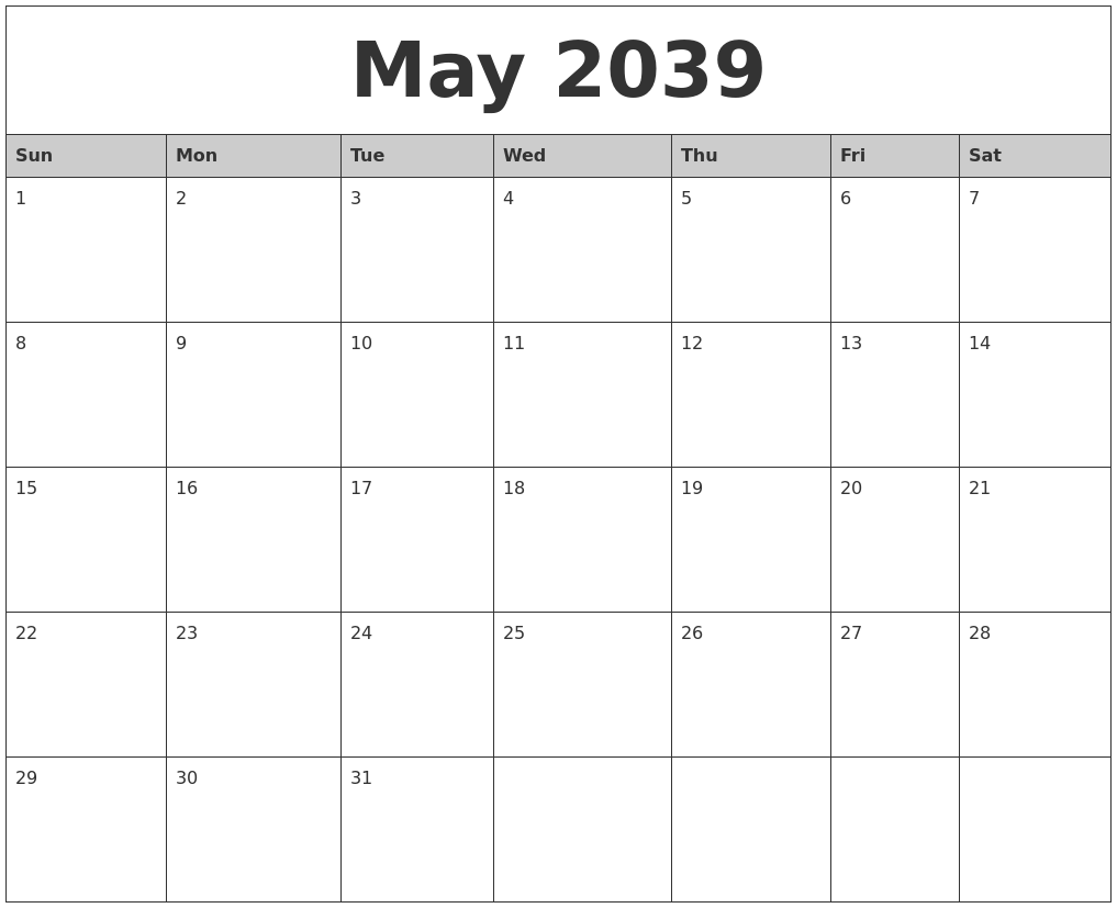 May 2039 Monthly Calendar Printable