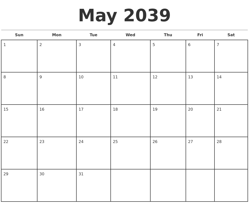 May 2039 Monthly Calendar Template