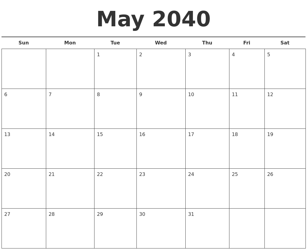 May 2040 Free Calendar Template