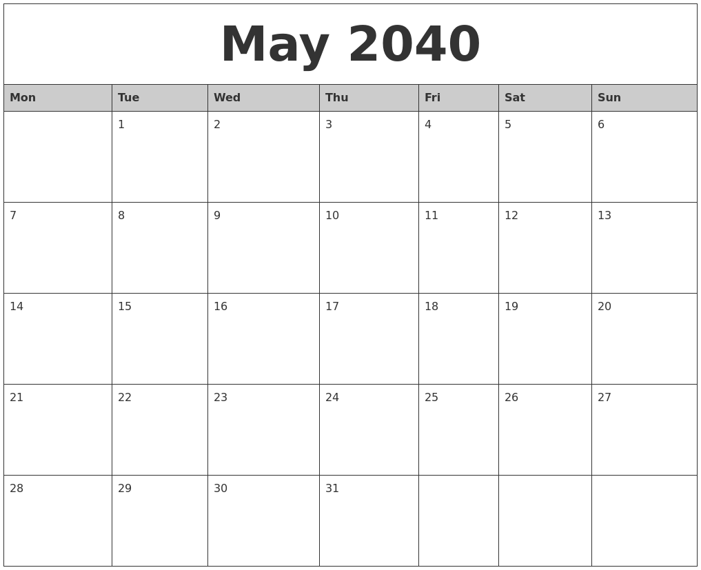 May 2040 Monthly Calendar Printable