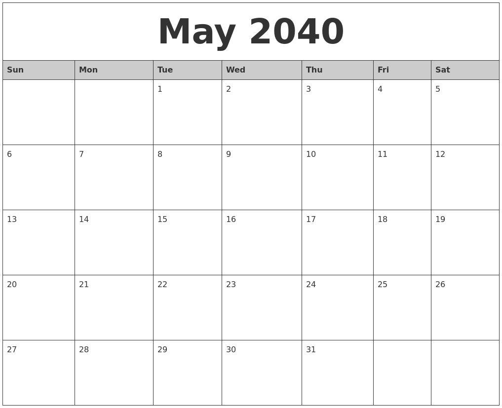 May 2040 Monthly Calendar Printable