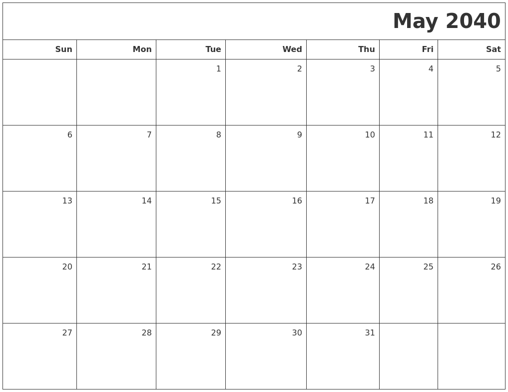 May 2040 Printable Blank Calendar