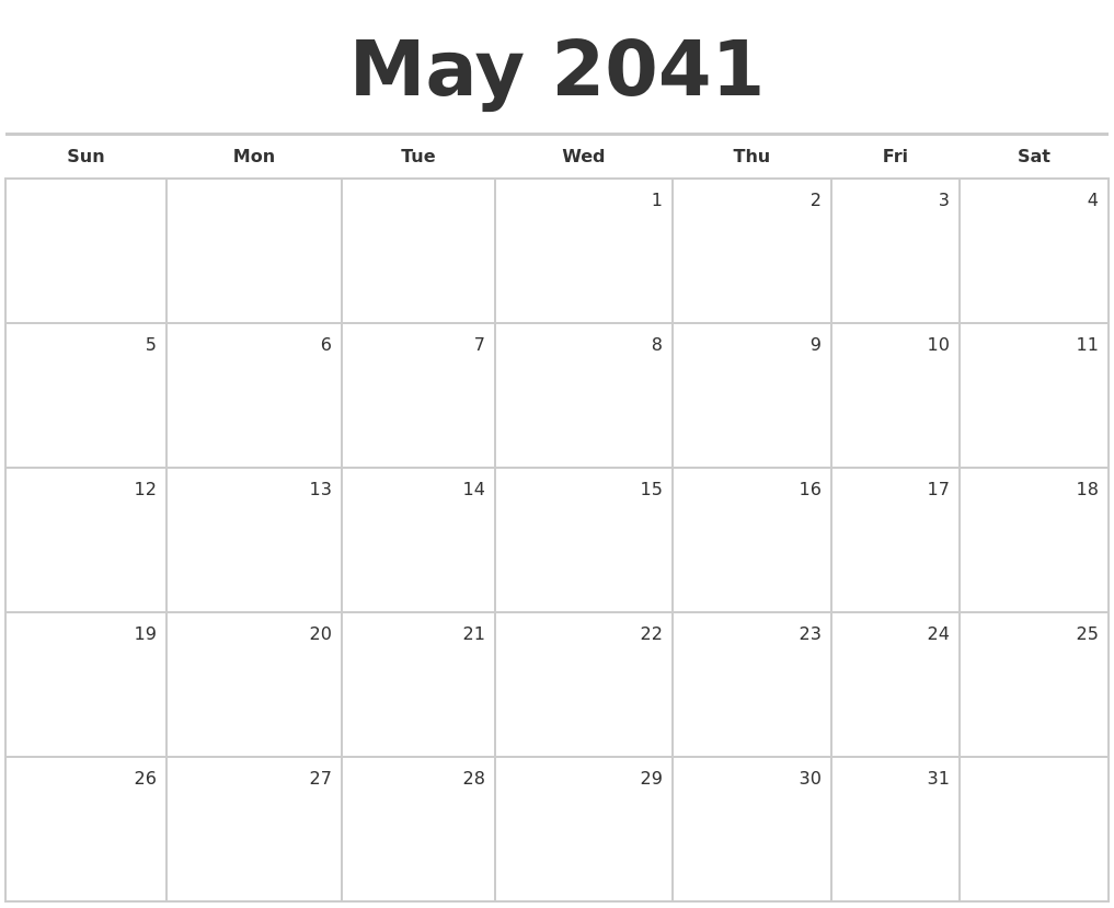 May 2041 Blank Monthly Calendar
