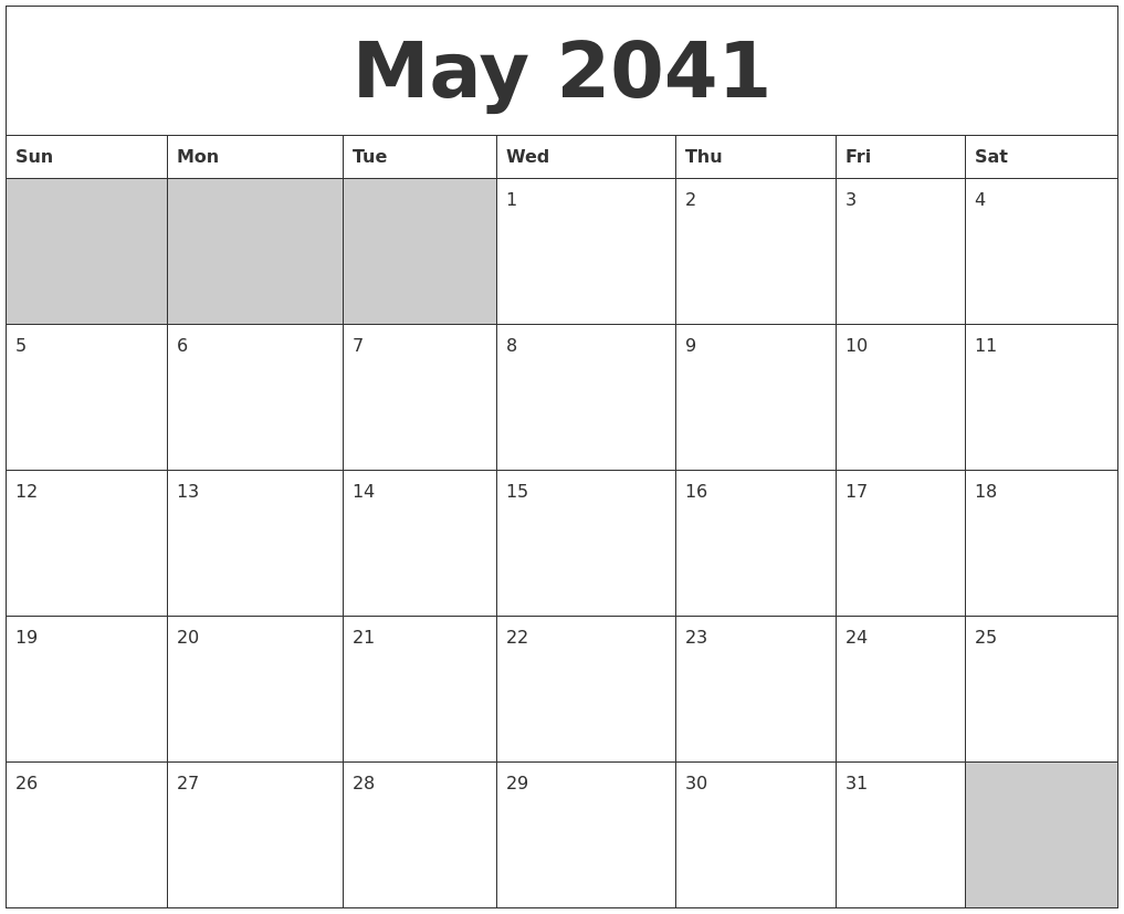 May 2041 Blank Printable Calendar