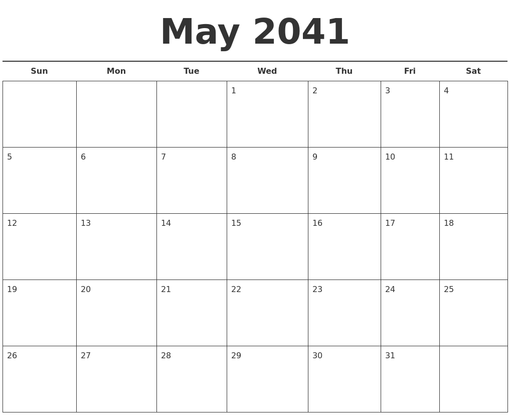 May 2041 Free Calendar Template