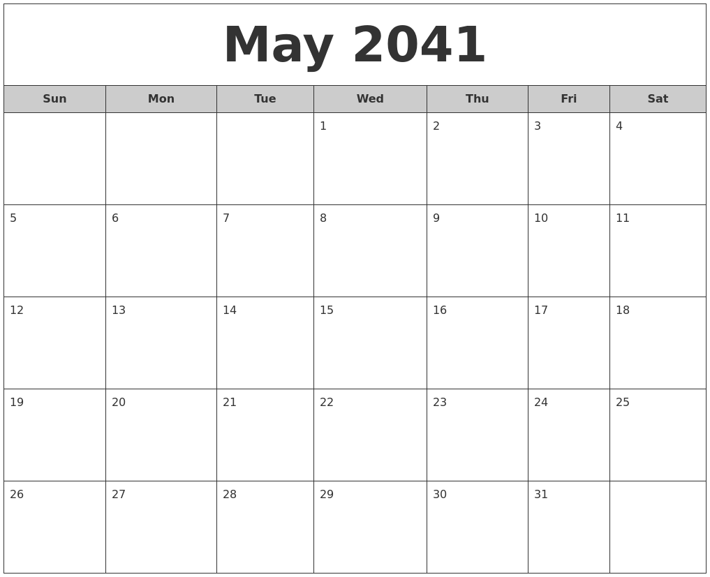 May 2041 Free Monthly Calendar
