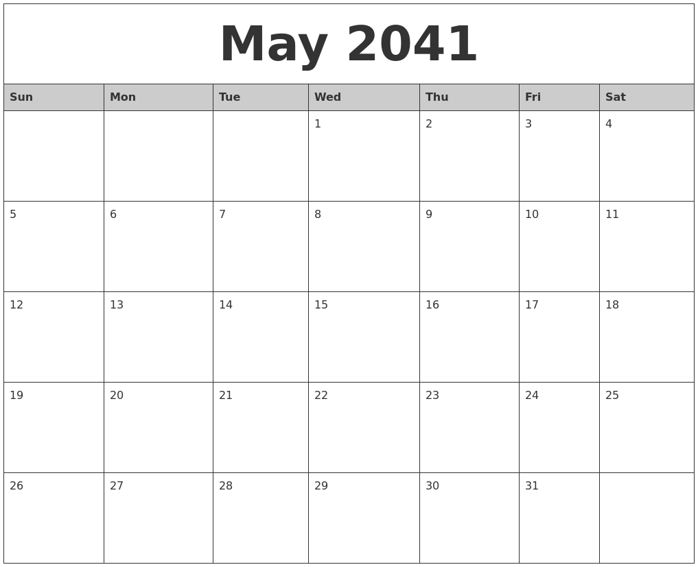 May 2041 Monthly Calendar Printable
