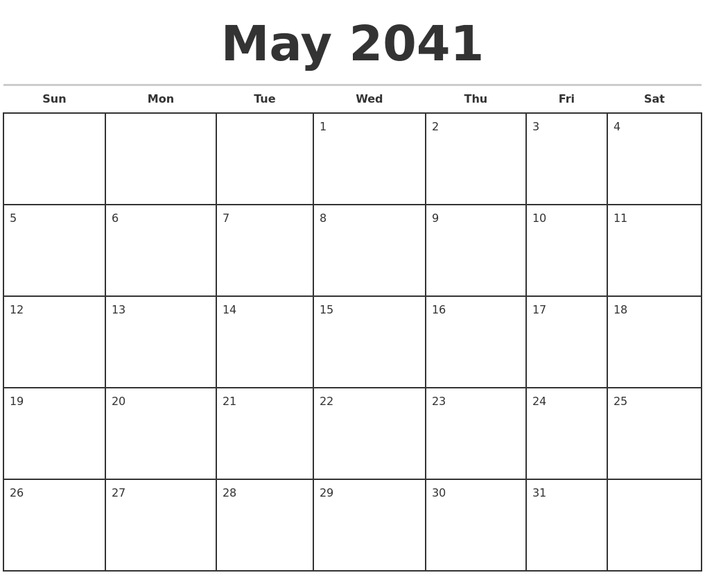 May 2041 Monthly Calendar Template