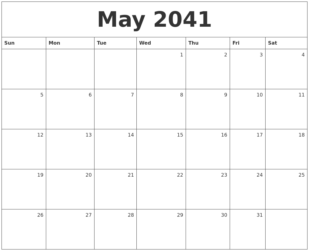 May 2041 Monthly Calendar
