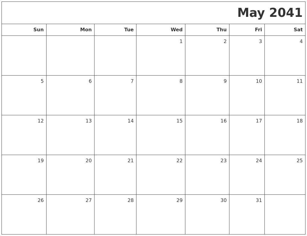 May 2041 Printable Blank Calendar