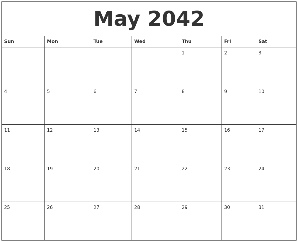May 2042 Blank Monthly Calendar Pdf