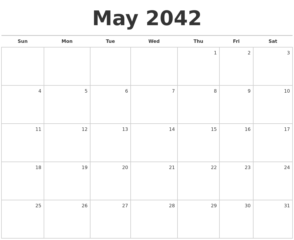 May 2042 Blank Monthly Calendar