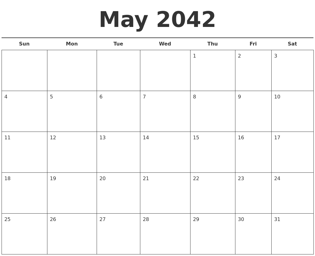 May 2042 Free Calendar Template
