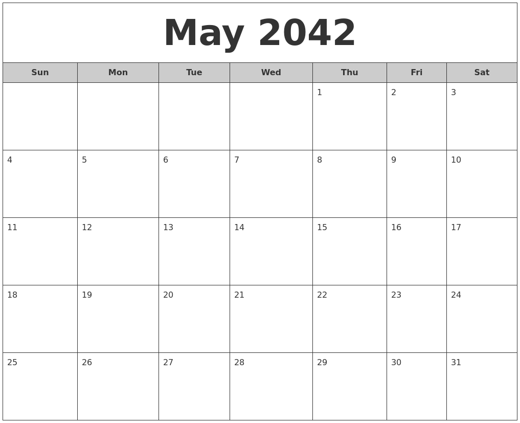 May 2042 Free Monthly Calendar