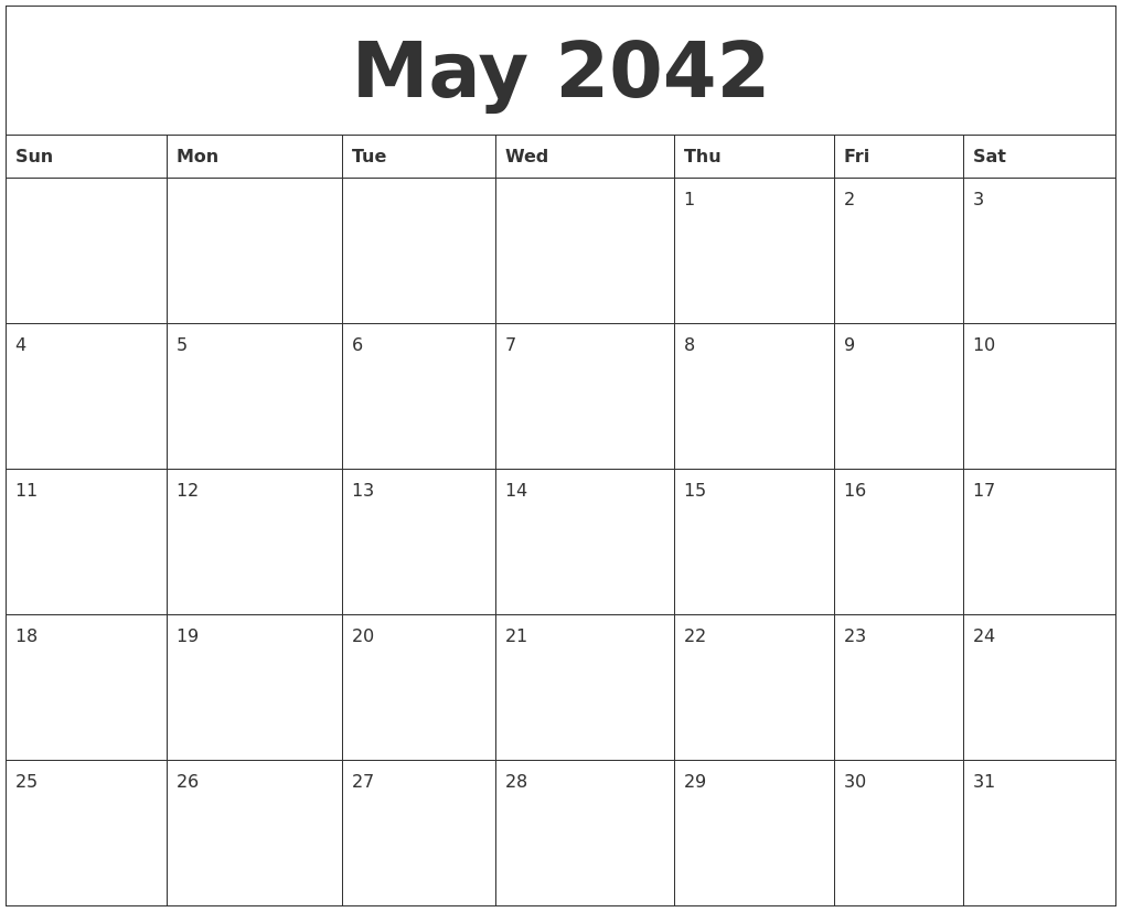 May 2042 Large Printable Calendar