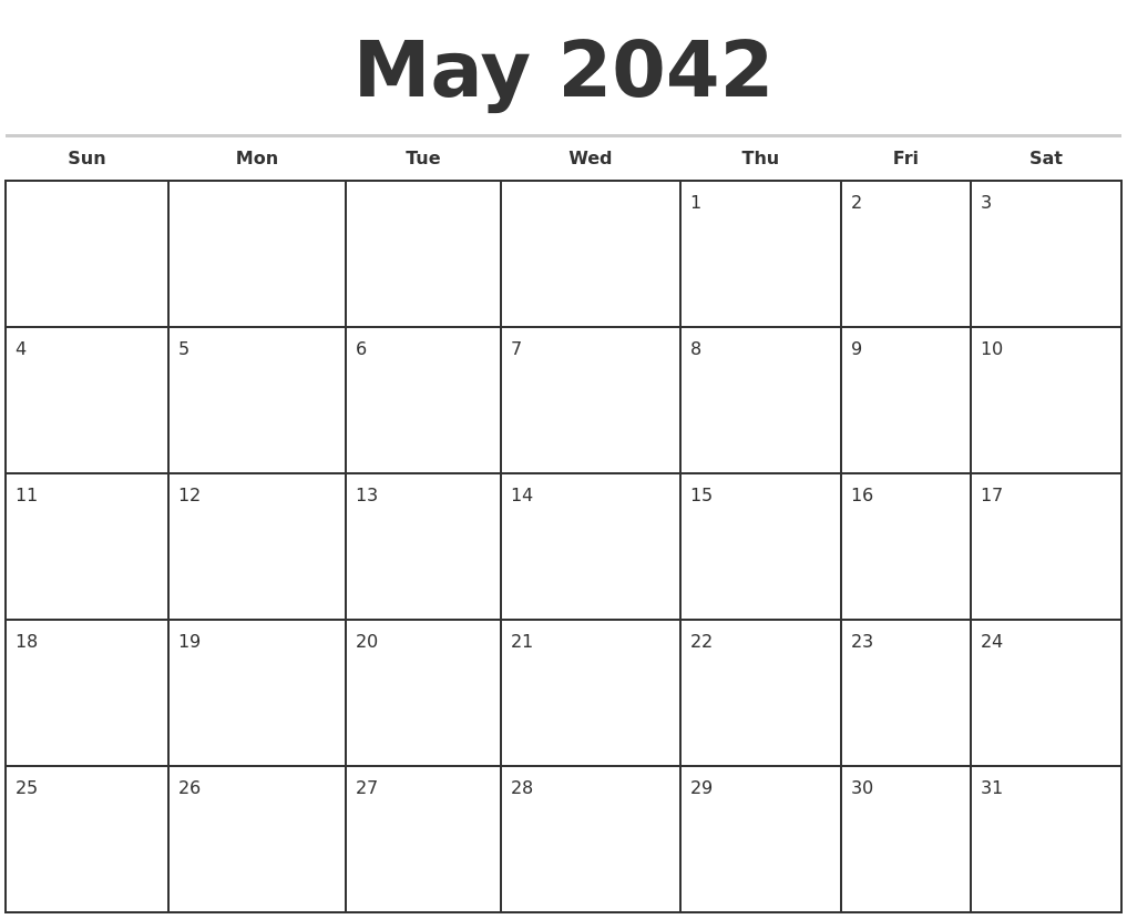 May 2042 Monthly Calendar Template