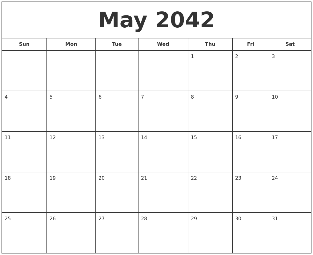 May 2042 Print Free Calendar