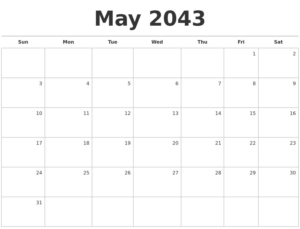 May 2043 Blank Monthly Calendar