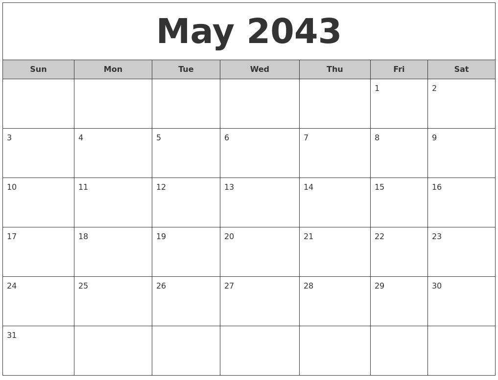 May 2043 Free Monthly Calendar