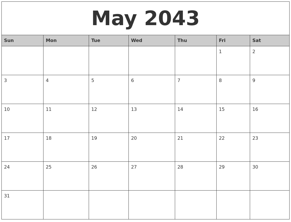 May 2043 Monthly Calendar Printable