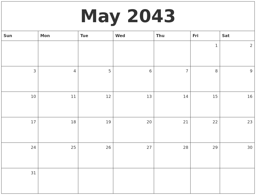 May 2043 Monthly Calendar
