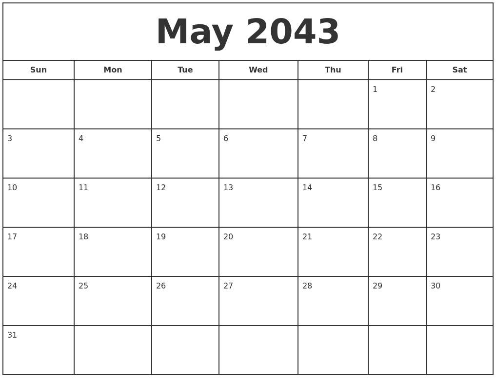 May 2043 Print Free Calendar
