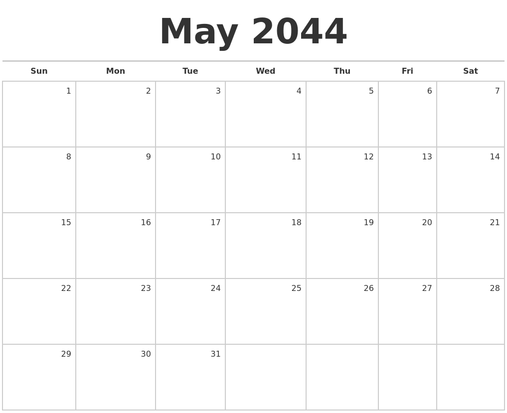 May 2044 Blank Monthly Calendar