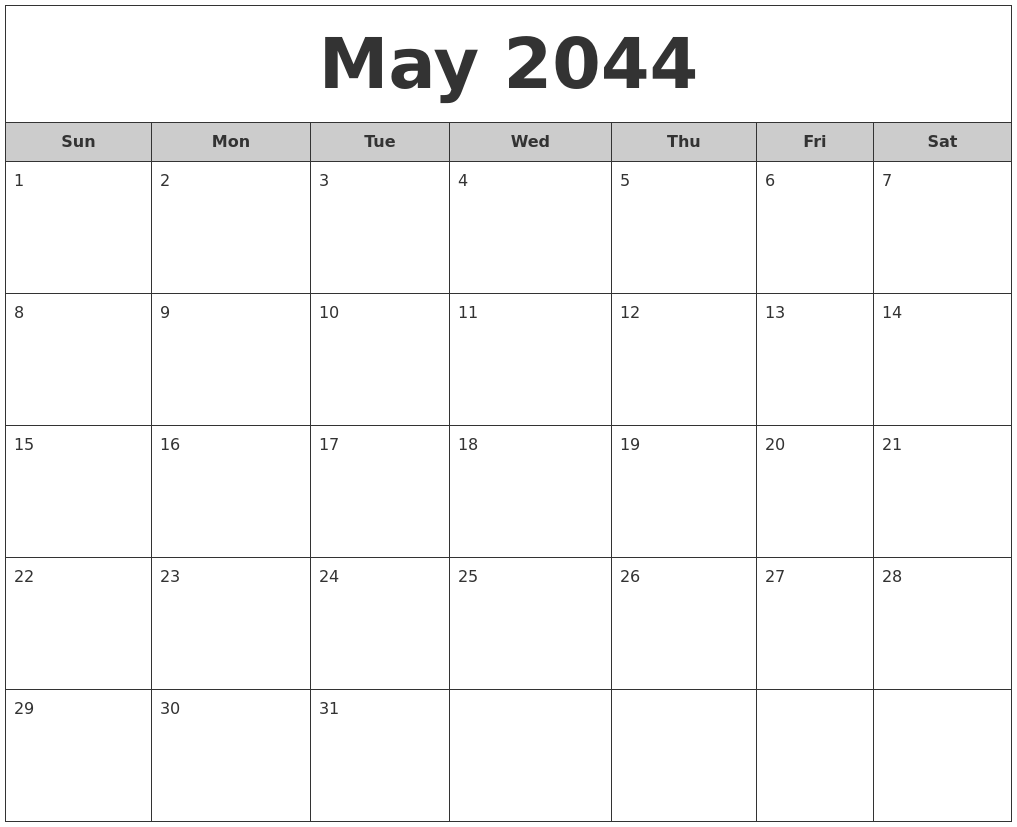 May 2044 Free Monthly Calendar
