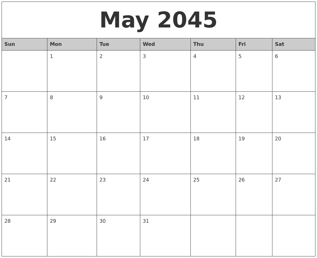 May 2045 Monthly Calendar Printable