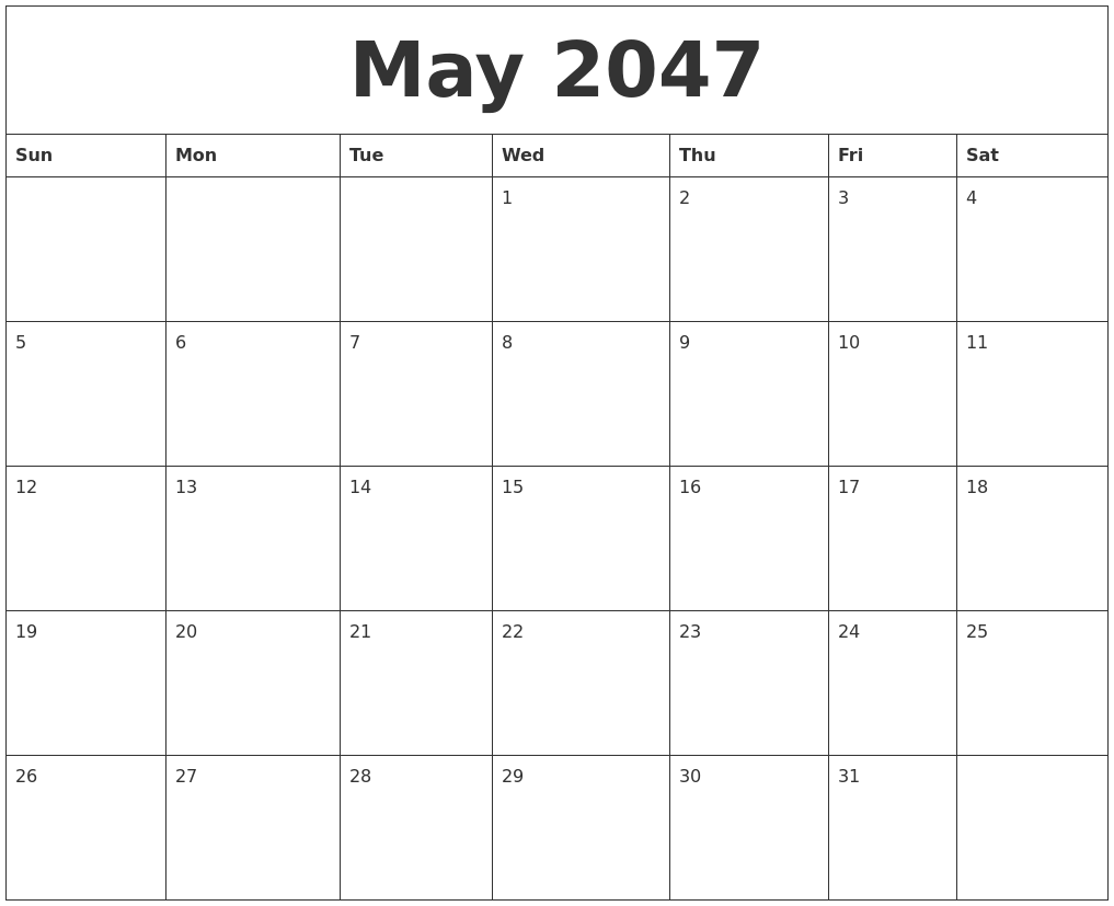 May 2047 Blank Monthly Calendar Template