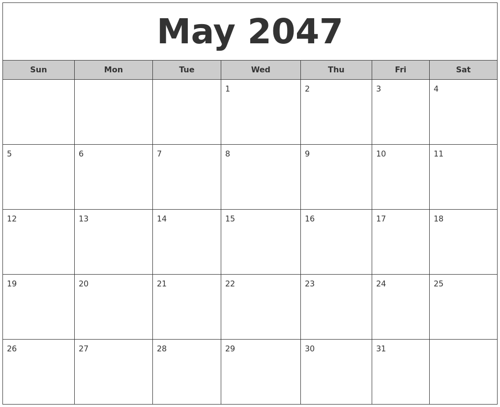 May 2047 Free Monthly Calendar