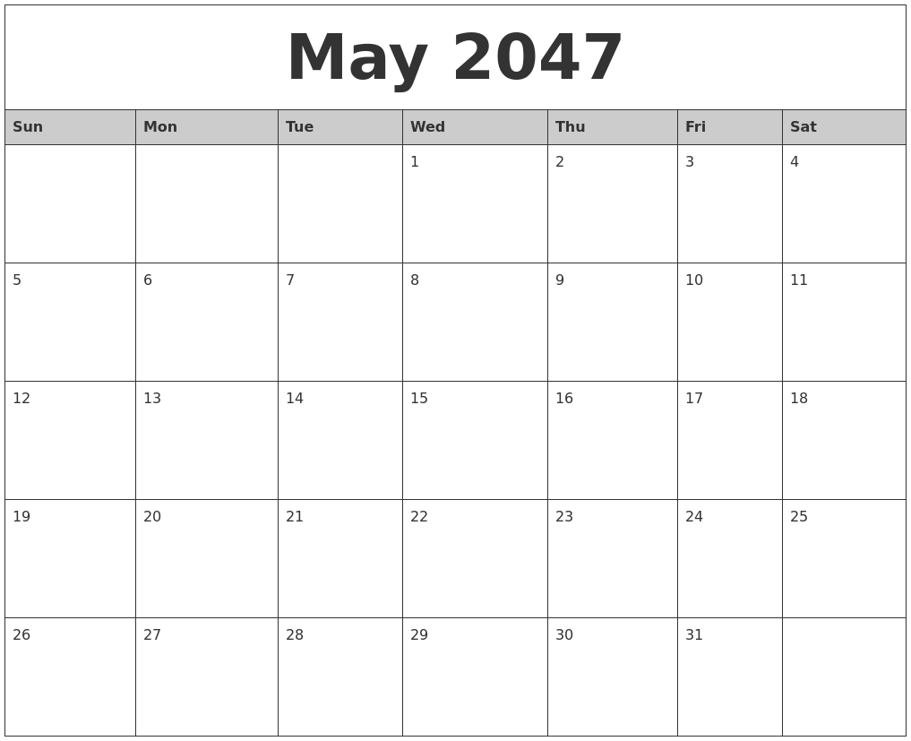 May 2047 Monthly Calendar Printable