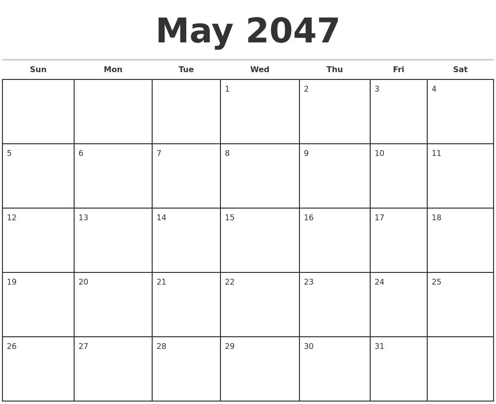May 2047 Monthly Calendar Template